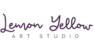 The logo for Lemon Yellow Art Studio, featuring the words 'Lemon Yellow' in a dark purple cursive font and 'ART STUDIO' in a smaller, spaced-out serif font below, on a solid white background.